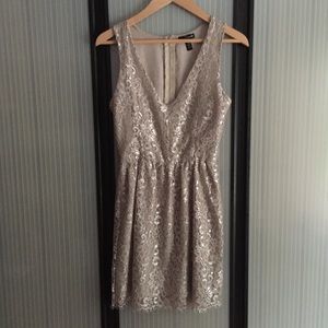 Aqua V-Neck Metallic & Lace Mini Dress